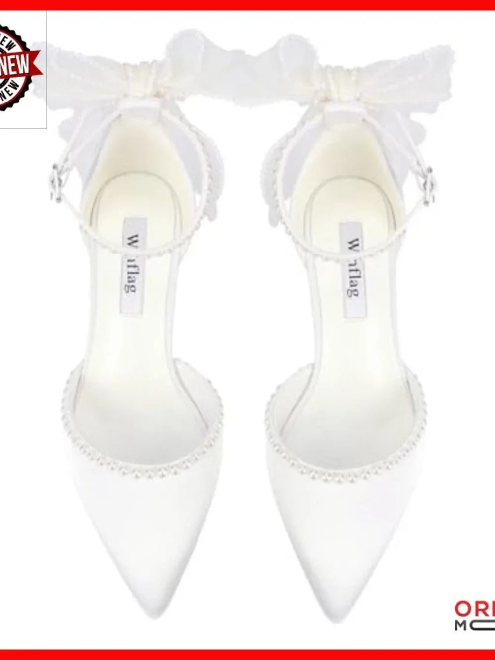 White Satin Block Heel Wedding Pumps with Pearl Ankle Strap and Bow